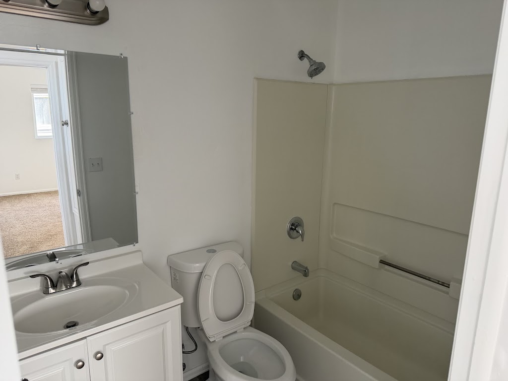 Bathroom with a white vanity, toilet, and bathtub with a shower